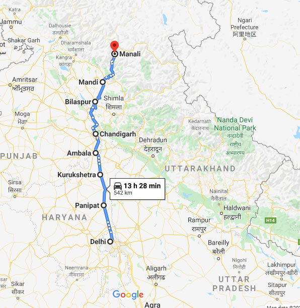 Delhi to Manali Road Trip map highlighting the best driving route, distance, and major stops from Delhi to Manali.